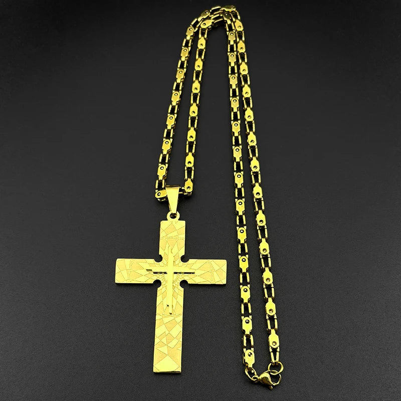 Punk Big Jesus Cross Necklace for Men Women Stainless Steel Gold Silver Color Byzantine Chain Jewelry Boy Friend Gift Jewelry
