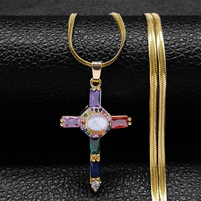 Vintage Shiny Zircon Jesus Cross Religious Amulet Necklace Women Stainless Steel Clavicle Snake Chain Choker Necklaces Jewelry