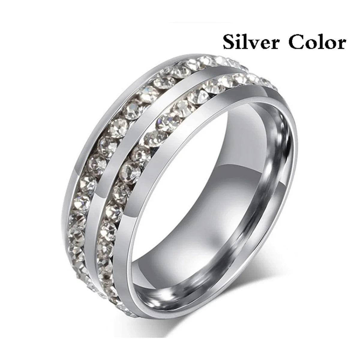 Fashion 8mm Double Row Rhinestone Stainless Steel Rings For Men Women Luxury Micro Paved CZ Crystal Rings Wedding Band Jewelry