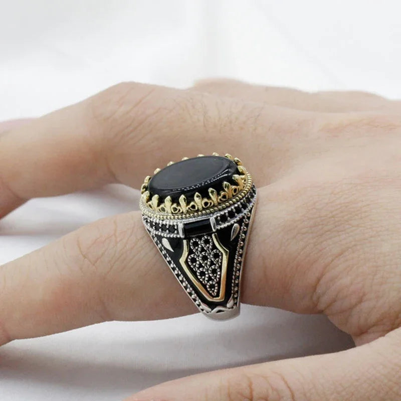 New Retro Handmade Turkish Rings for Men Vintage Double Swords Black Zircon Rings Punk 2024 Trendy Islamic Religious Muslim
