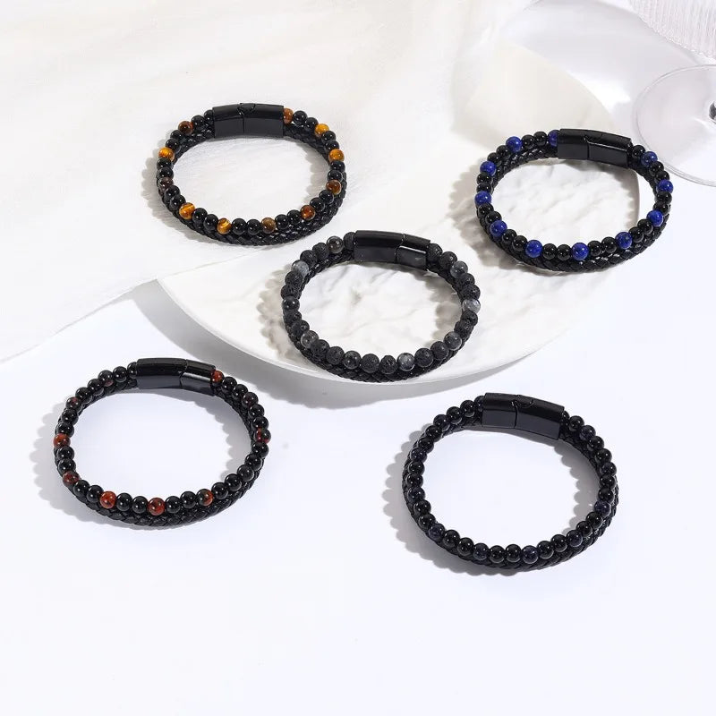 Black Shining Volcano Tiger Eye Bead Natural Stone Bracelet Men's Cowhide Rope Bracelet Hand String Jewelry Gift