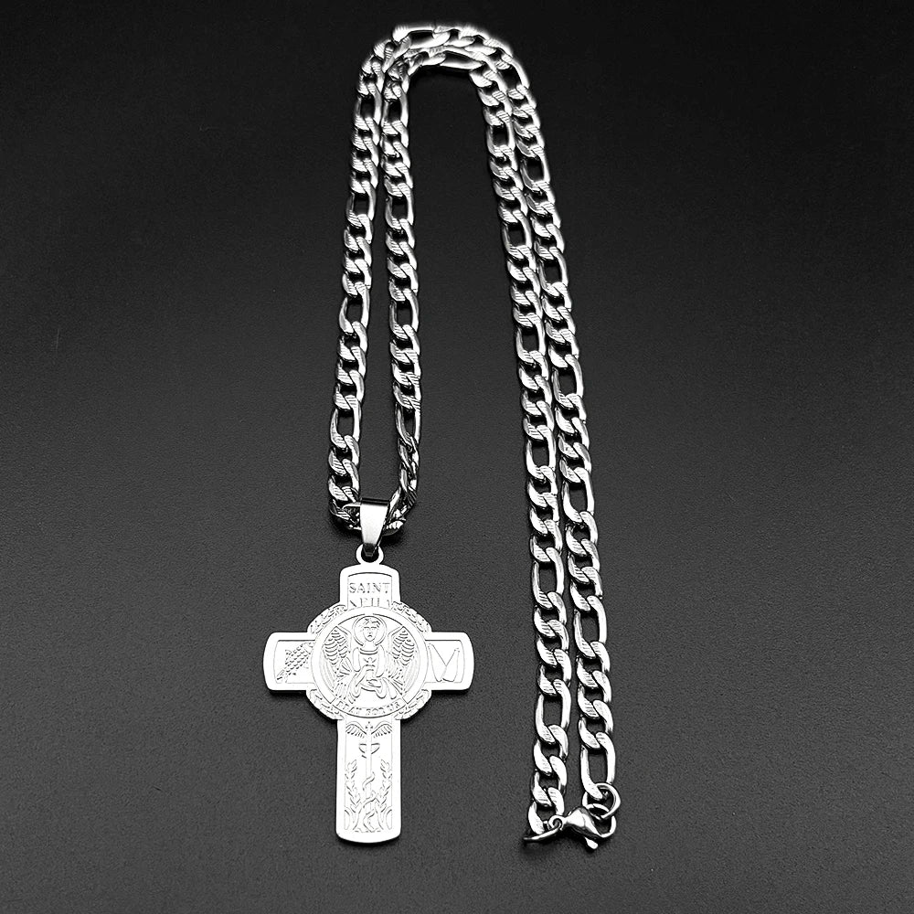 Christian Saint Raphael Pray for Us Cross Pendant Necklace for Women Men Stainless Steel Gold Color Hip Hop Cuban Chain Jewelry