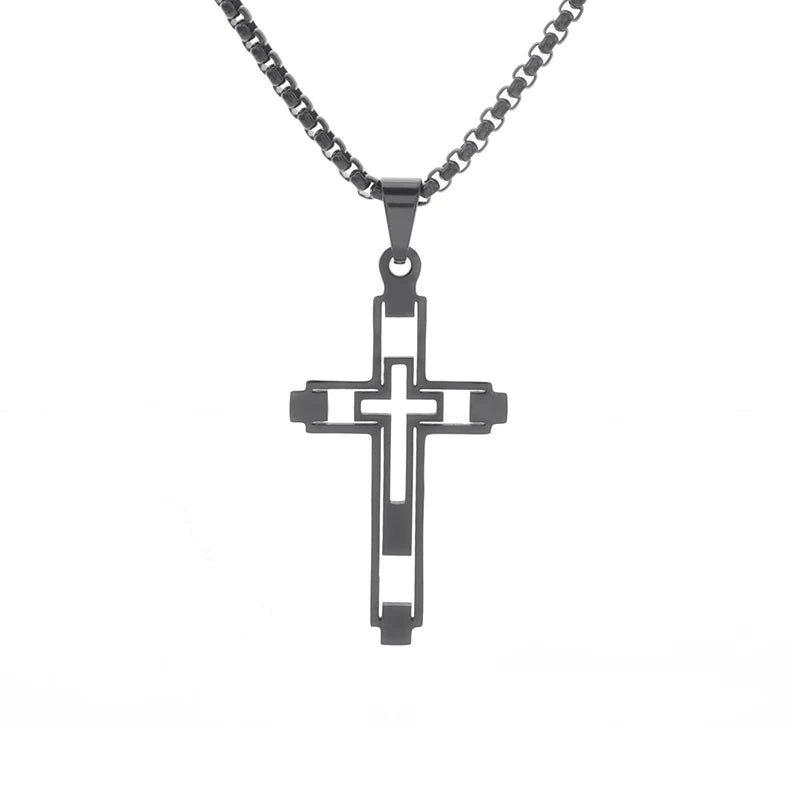 Fashion Creative Cutout Double Cross Stainless Steel Pendant Necklace for Men Classic Women Church Prayer Jewelry