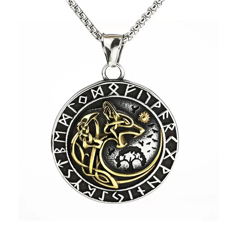 Wolf & Lion Pendant Necklace with Norse Runes Vintage Style Viking Tribal Chain for Men, Punk Biker Stainless Steel Jewelry Gift