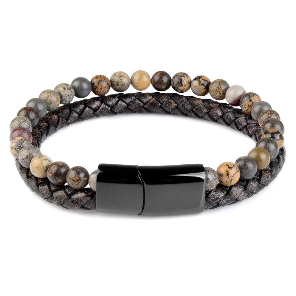 Natural Stone Bracelet Genuine Leather Braided Bracelets Black Stainless Steel Magnetic Clasp Tiger eye Bead Bangle Men Jewelry Picasso stone