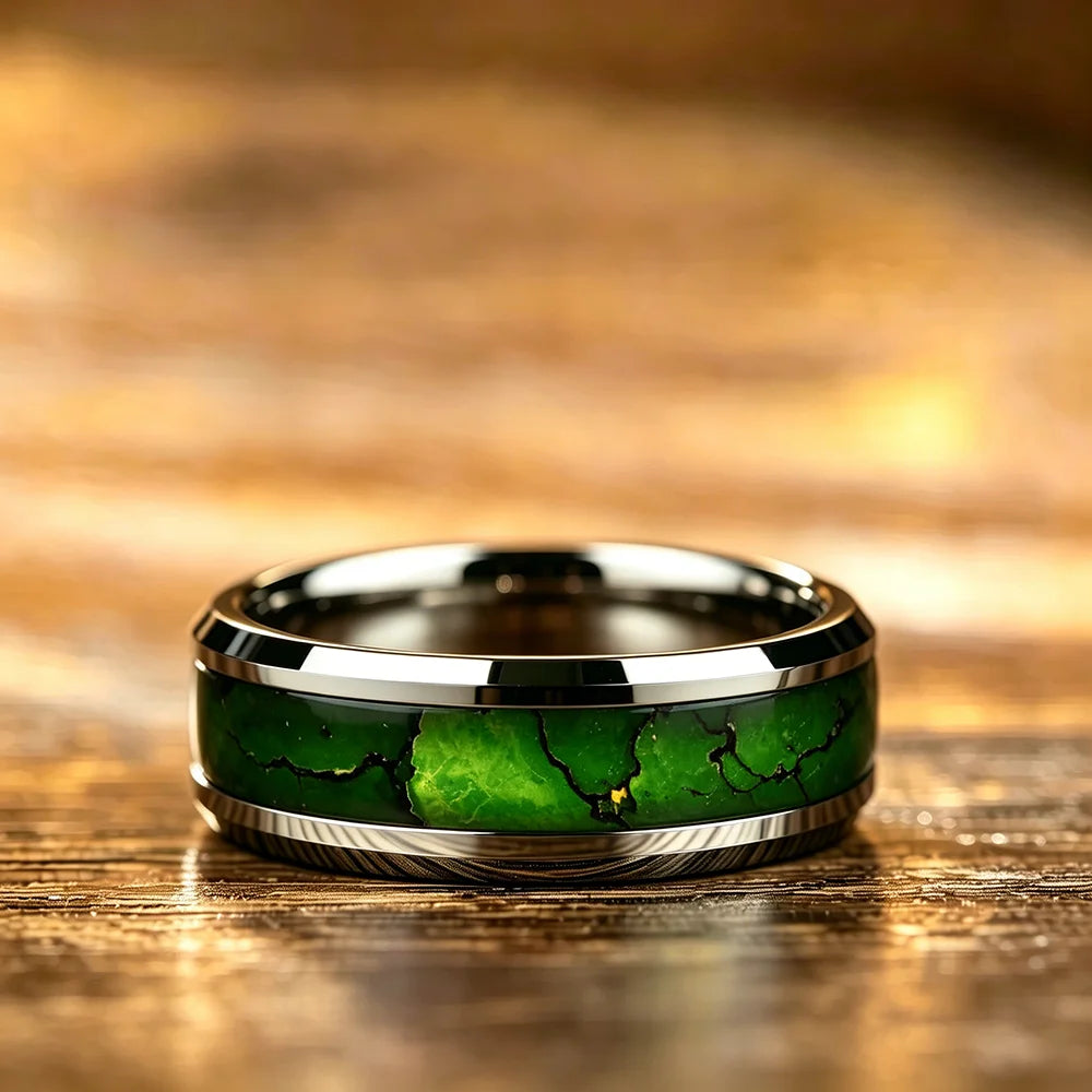 Fashion Men's Stainless Steel Rings Artificial Green Agate Stone Inlay Jewelry Suitable for Daily Wear, Gift for Him Non-Fade