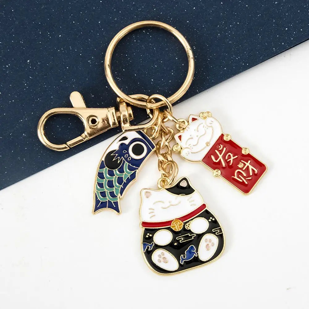 Japanese Style Maneki Neko Keychain Carp Streamer Key Chain For Women Metal Lucky Key Chains Car Bag Pendent