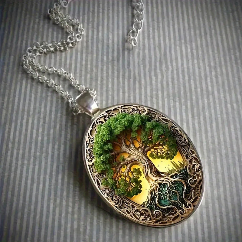 New Fashionable and Elegant Tree of Life Pattern Elliptical Glass Alloy Pendant Necklace Jewelry Wholesale