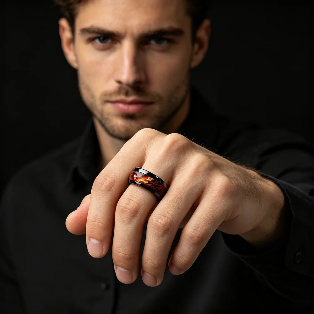 Fashion Black Men Stainless Steel Ring with Volcanic Lava and Golden Foil Pattern Inlay Rings for Men Wedding Jewelry Drop Ship