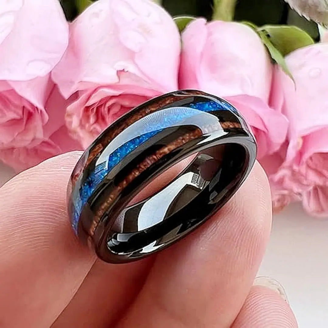 8MM Unique Blue Opal Inaly Men's Black Stainless Steel Rings