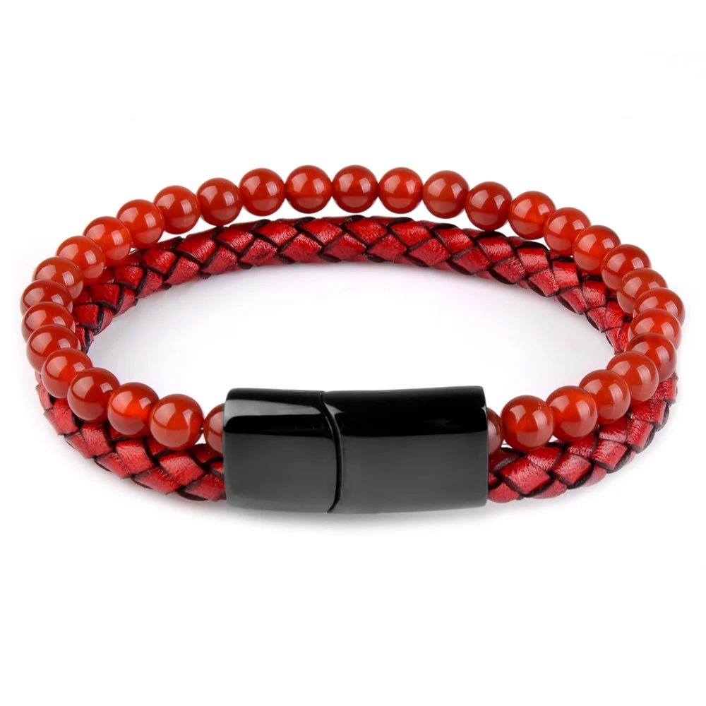 Natural Stone Bracelet Genuine Leather Braided Bracelets Black Stainless Steel Magnetic Clasp Tiger eye Bead Bangle Men Jewelry red agate