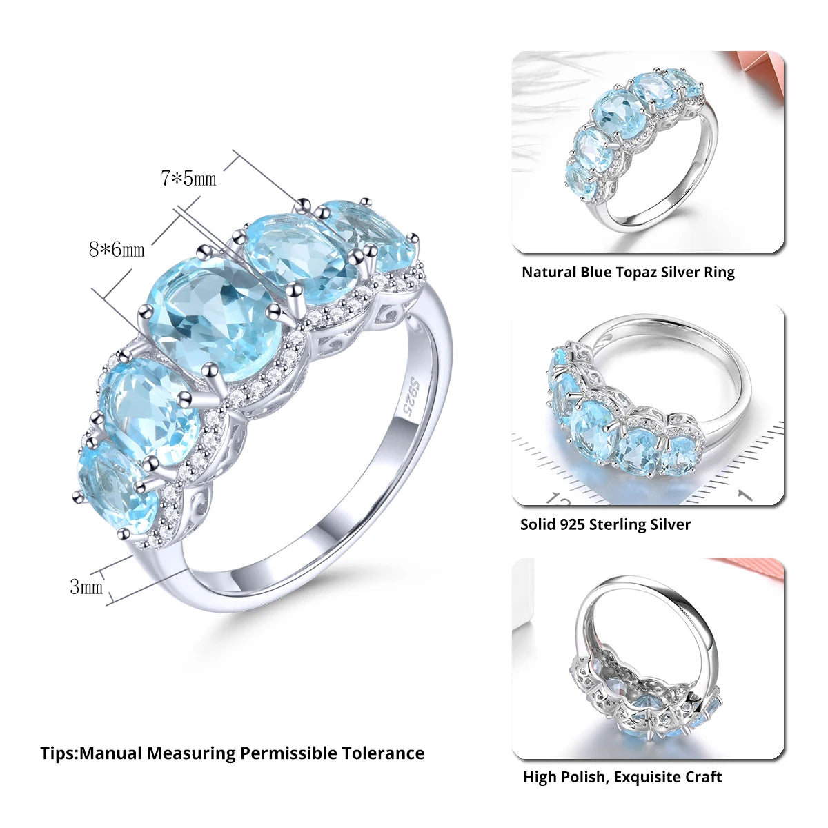 Natural Sky Blue Topaz Solid Silver Women's Ring 4.5 Carats Genuine Gemstone Classic Fine Jewelry Design S925 Birthday Gifts