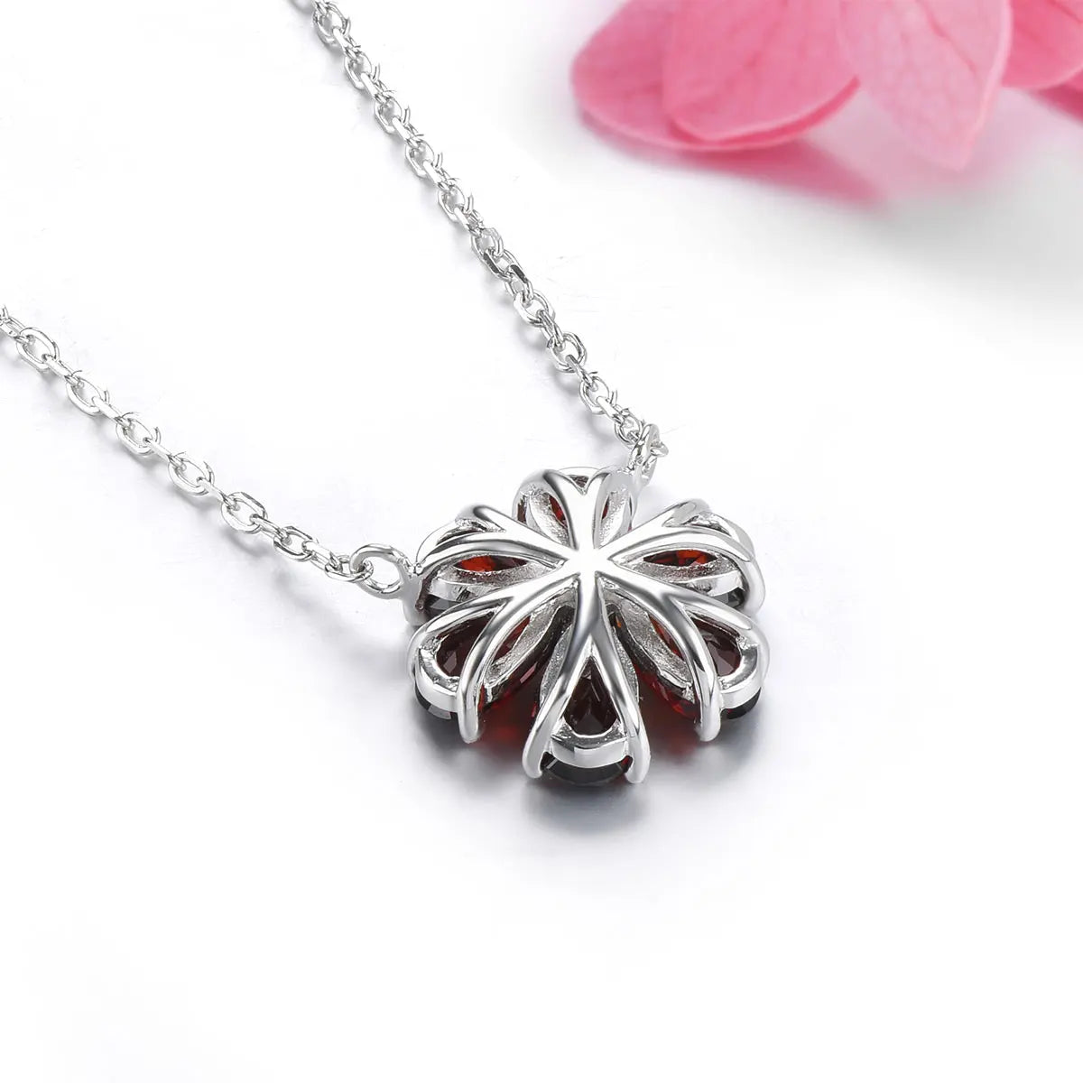 Natural Red Garnet Solid Sterling Silver Necklace 2.68 Carats Genuine Birthstone Romantic Flower Design S925 Fine Jewelry Gifts