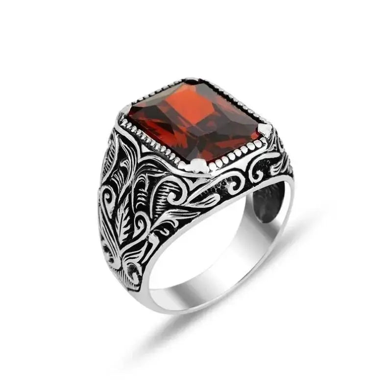 Retro Turkish Handmade Men Ring Vintage Carved Pattern Red Synthetic Zircon Rings Rock Punk Islamic Muslim Wedding Jewelry