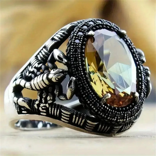 Retro Handmade Turkish Signet Rings For Men Ancient Silver Color Carved Scorpion Animal Rings Yellow Zircon Inlay Muslim Rings