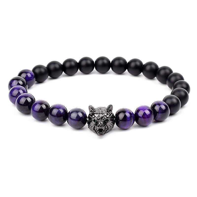 Wolf Charm Bracelets Men Natural Black Agates Onyx Stone Bracelet Brave Blue Tiger Eye Elastic 8 mm Beads Jewelry Beaded Pulsera Purple tiger eye