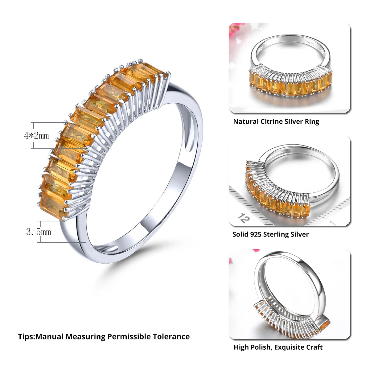 Natural Genuine Citrine Sterling Silver Rings Light Yellow Crystal S925 Women's Classic Gifts Style Anniversary Jewelrys