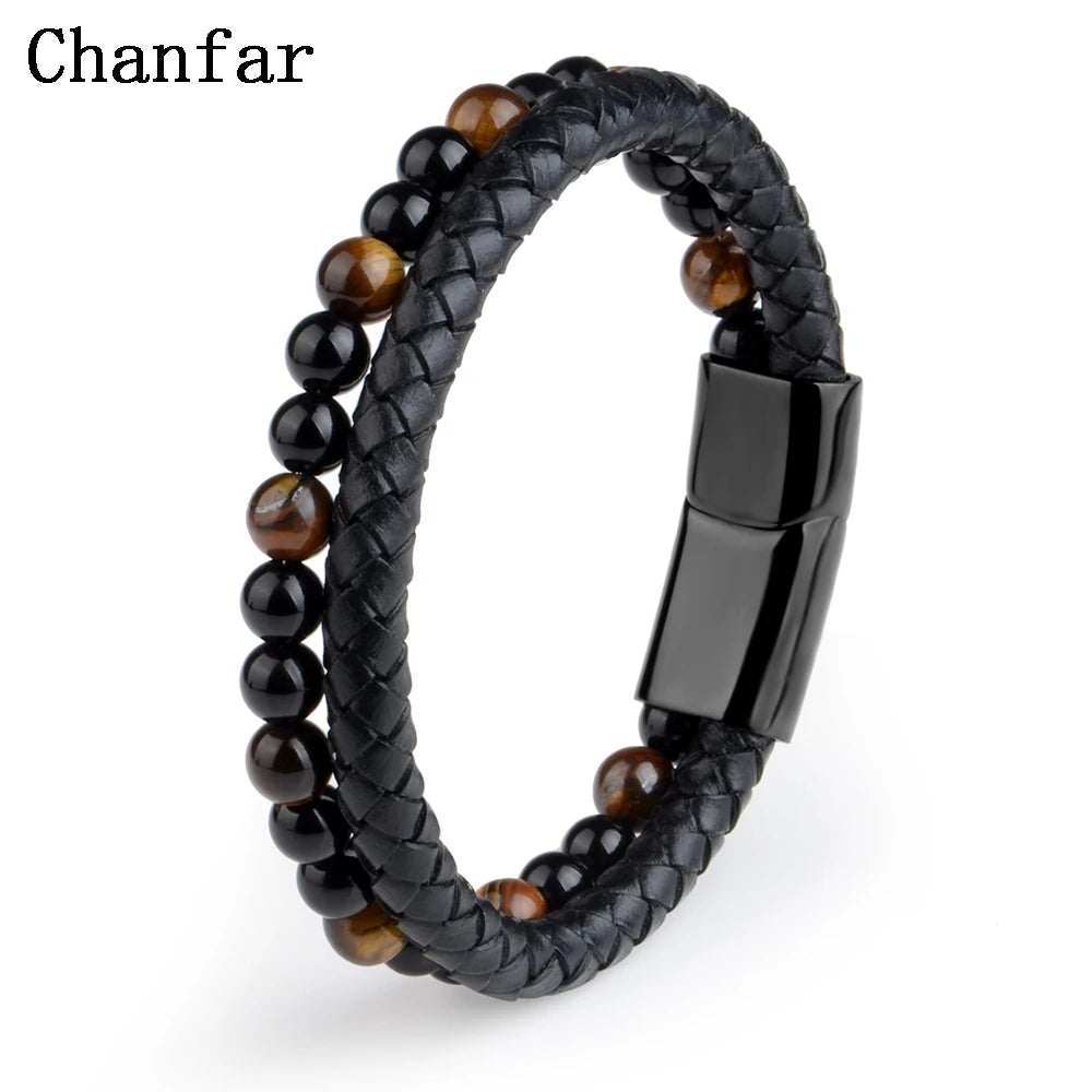 Natural Stone Bracelet Genuine Leather Braided Bracelets Black Stainless Steel Magnetic Clasp Tiger eye Bead Bangle Men Jewelry