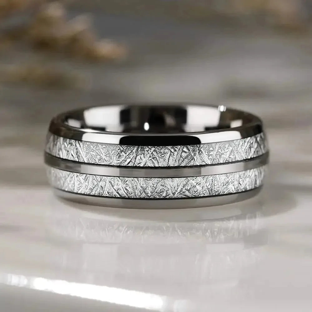 Fashion 8mm Silver Color Stainless Steel Rings for Men Double Groove Meteorite Inlay Dome Men Finger Ring Wedding Band Jewelry