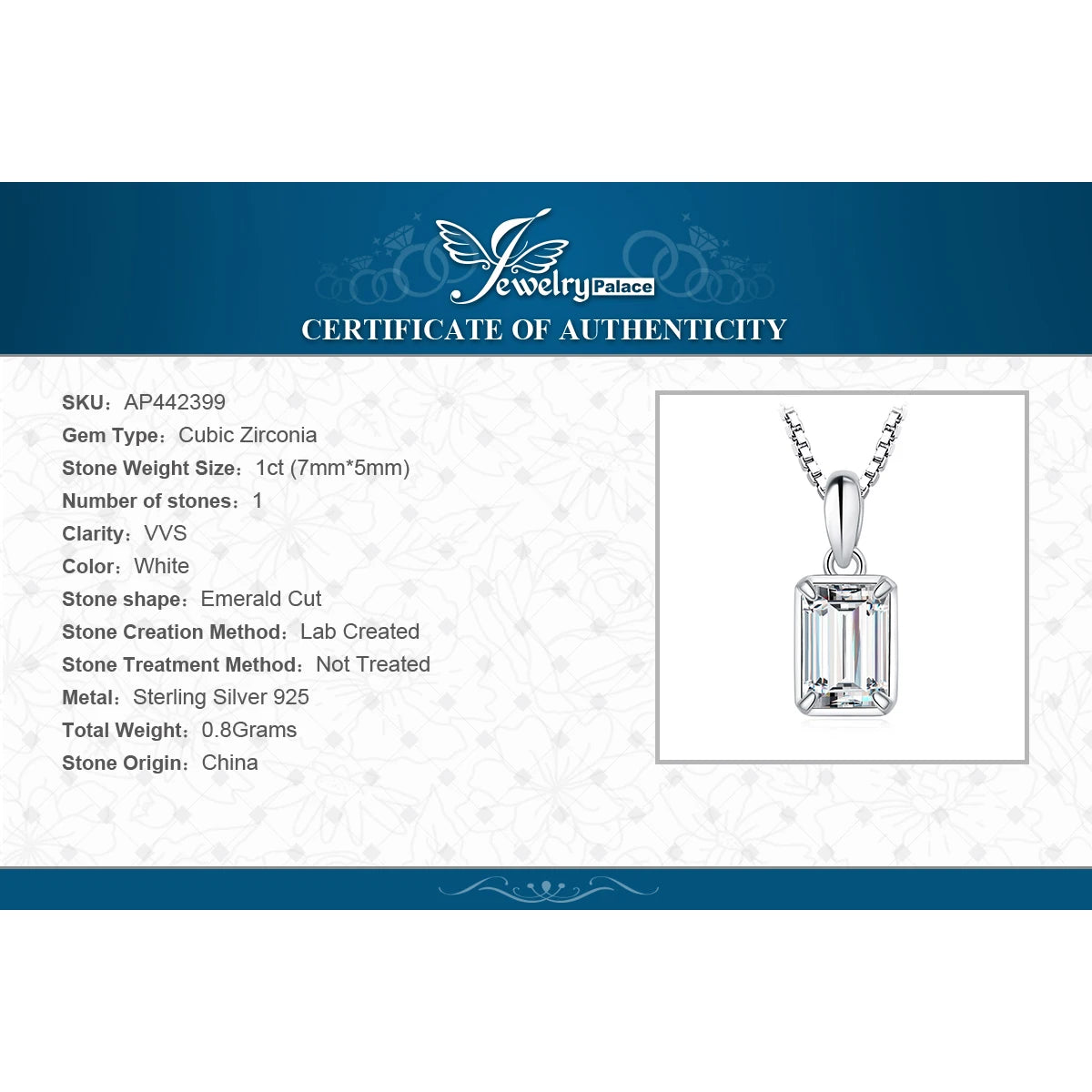 JewelryPalace 5A CZ 1ct Emerald Cut 925 Sterling Silver Pendant Necklace for Woman No Chain Fashion Birthday Gift Fine Jewelry