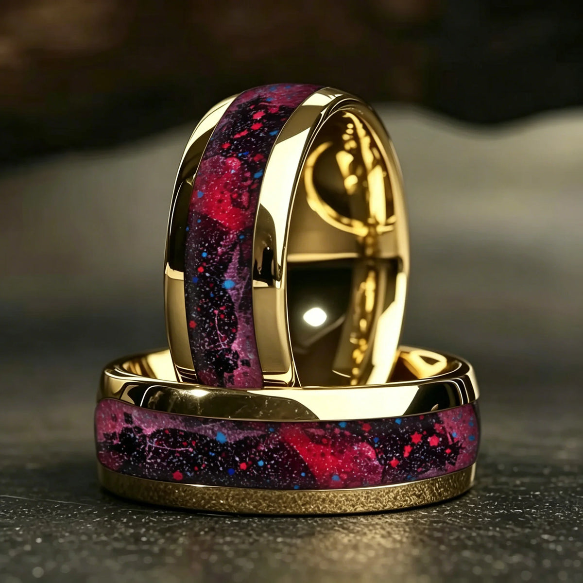 With Purple Red Starry Sky Pattern Rings, 8mm Cosmic Starry Sky Stainless Steel Men Ring, Wedding Band Jewelry Drop Ship