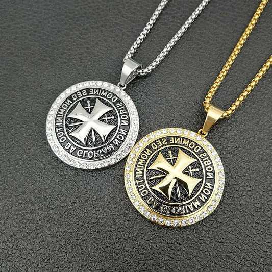 Unisex 18K Gold Plated Stainless Steel Zircon Cross Round Pendant Necklace Religious Jewelry for Gift Christians