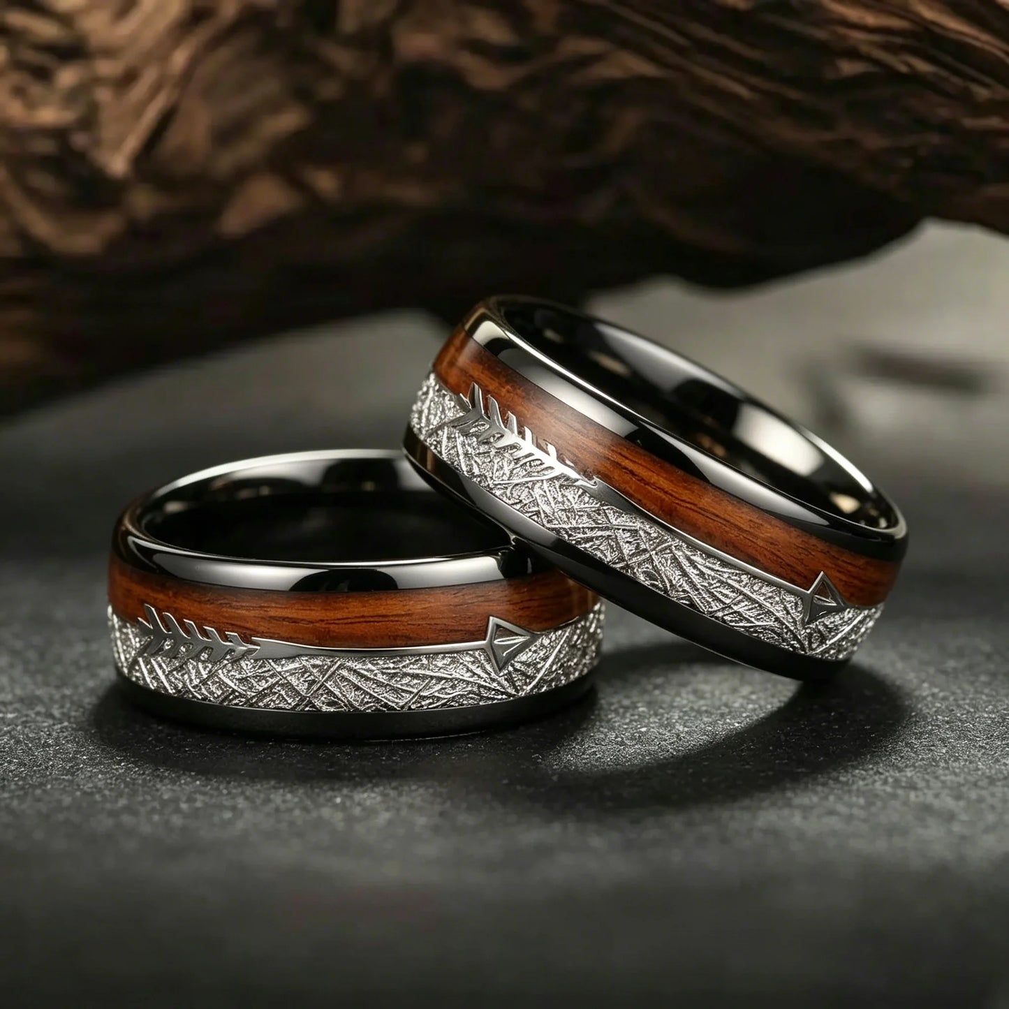 Fashion 8mm Black Stainless Steel Arrow Rings For Men Inlay Meteorite Hawaiian Koa Wood Rings Men Wedding Band Jewelry Wholesale