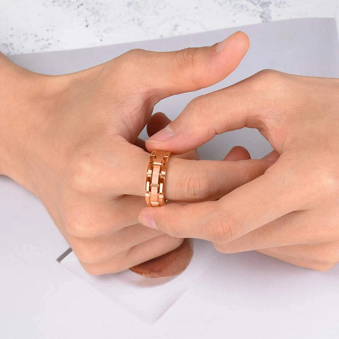 Fashion Men 8mm Rose Gold Color Stainless Steel Rings Double Groove Pattern Promise Rings For Men Wedding Jewelry Accessories