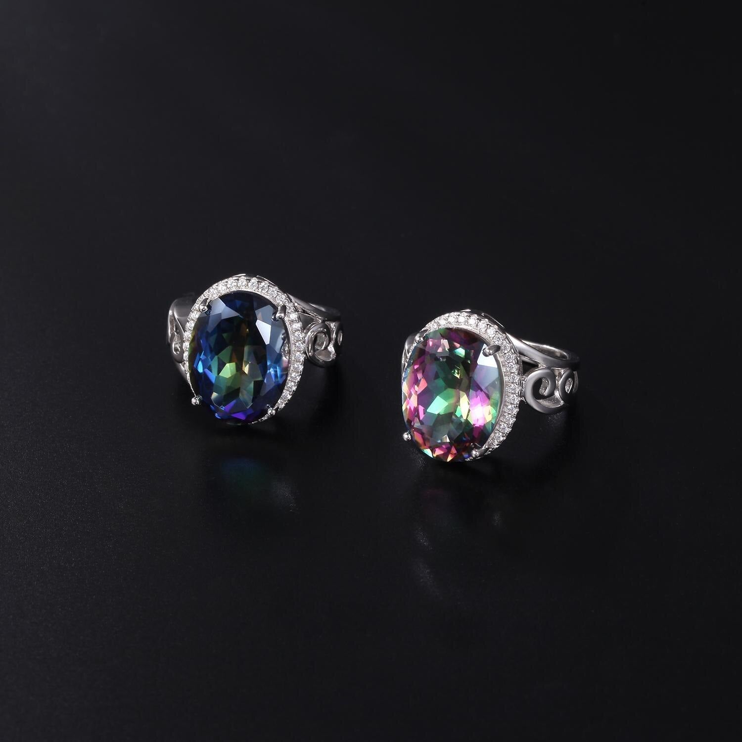 GEM&#39;S BALLET 9.10Carat 12x16mm Oval Rainbow Mystic Topaz Birthstone Cocktail Rings in 925 Sterling Silver For Women Jewelry