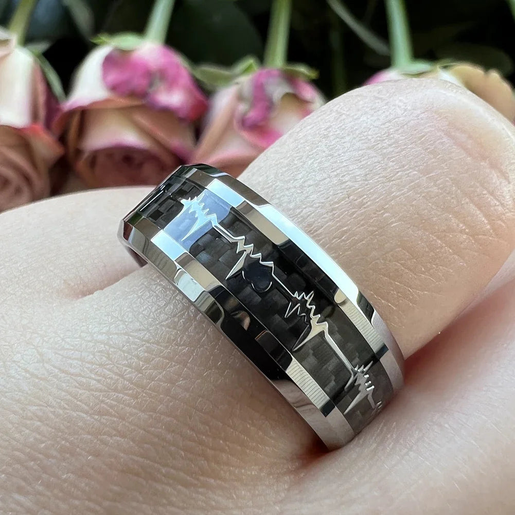 Fashion 8mm SilverBlue Carbon Fiber Heart Inlay Tungsten Carbide Engagement Rings Wedding Bands Domed Polished Shiny Comfort Fit