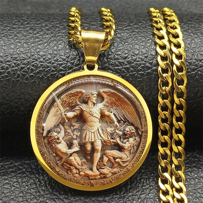 SAINT MICHAEL PROTECT US Archangel Stainless Steel Glass Medal Necklaces Chain Men Women Gold Color Necklace Amulet Jewelry