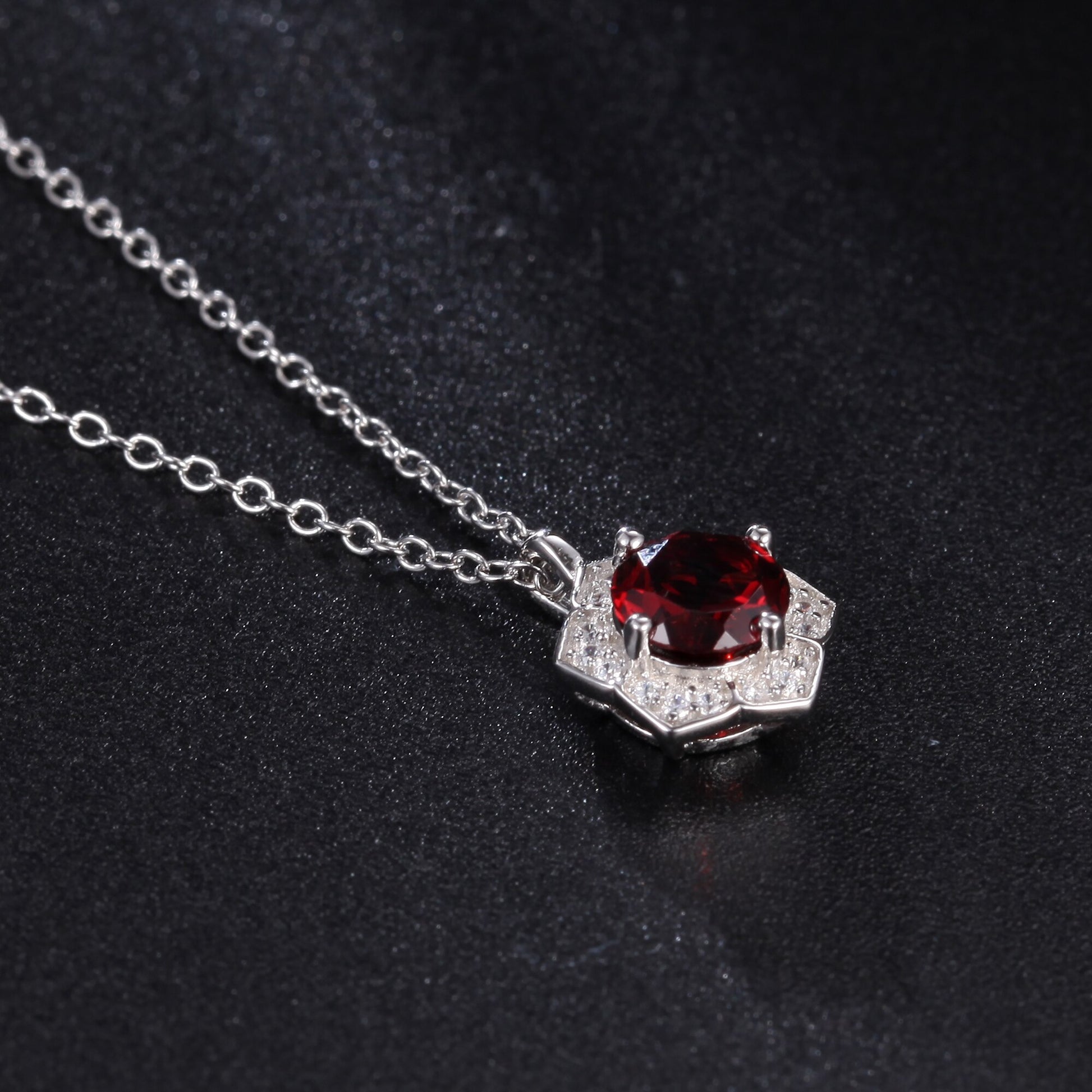 GEM&#39;S BALLET Hexagon Gemstone Necklace 6mm Round Red Garnet Halo Solitarie Pendant Necklace in 925 Sterling Silver Gift For Her