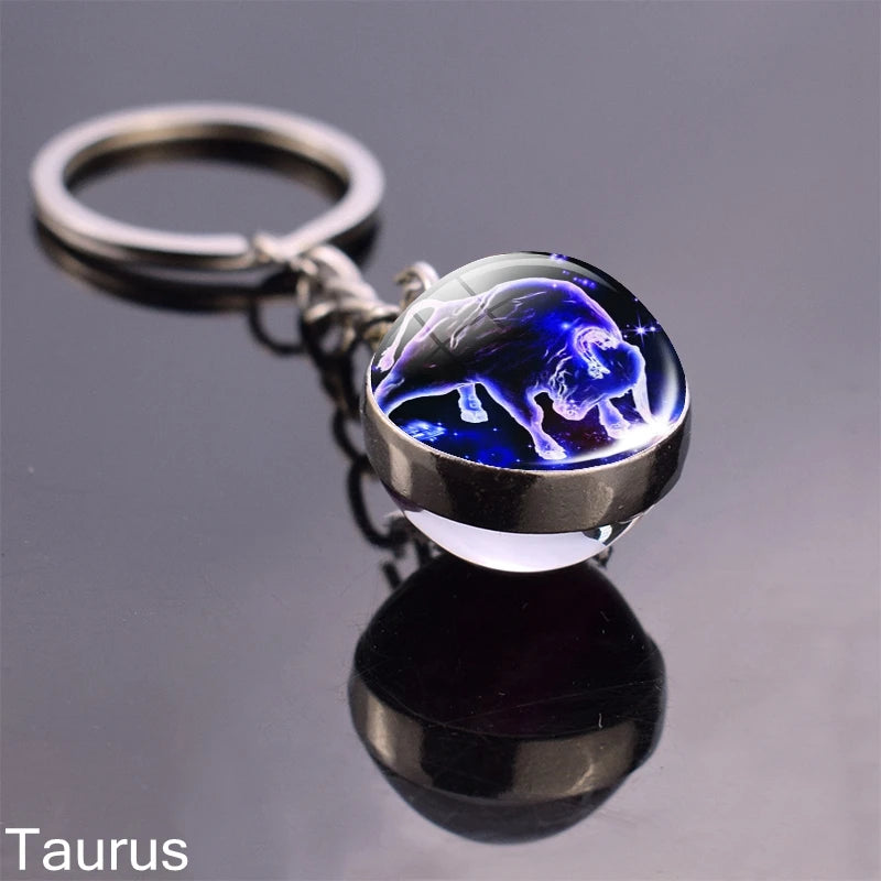 12 Zodiac Sign Keychain Sphere Ball Crystal Key Rings Scorpio Leo Aries Constellation Birthday Gift for Women and Mens Taurus 1