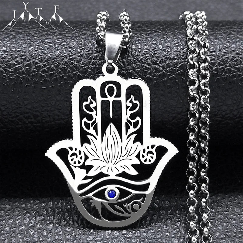 Hamsa Hand of Fatima Lotus Flower Eye of Horus Necklace Women Stainless Steel Silver Color Ankh Key of Life Necklaces Jewelry