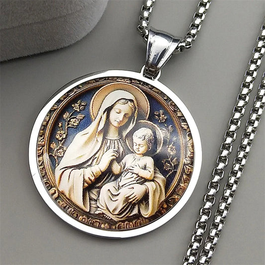 Virgin Mary Hold Baby Jesus Glass Round Medal Pendant Necklace for Women Men Stainless Steel Gold Color Catholic Amulet Jewelry