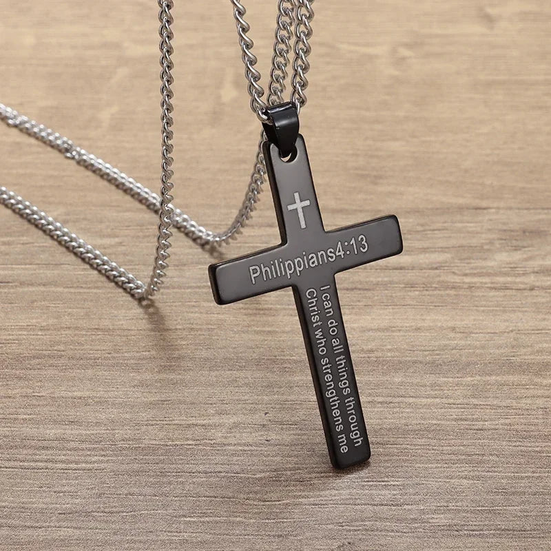 Stainless Steel Cross Letter Pendant Christian Savior Jesus Necklace Men and Women Religious Prayer Amulet Jewelry