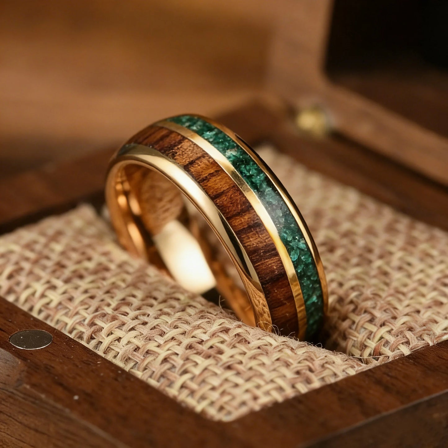 With Malachite and Koa Wood Inlay Fashion 8mm Golden Men Stainless Steel Rings for Men Wedding Band Jewelry Gift Drop Shipping