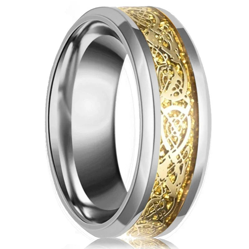 Fashion 8mm Men's Stainless Steel Celtic Dragon Ring Inlay Red Green Black Carbon Fiber Ring Wedding Band Charm Jewelry Gifts