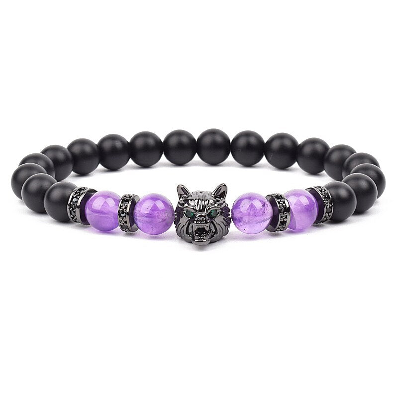 Wolf Charm Bracelets Men Natural Black Agates Onyx Stone Bracelet Brave Blue Tiger Eye Elastic 8 mm Beads Jewelry Beaded Pulsera Amethyst