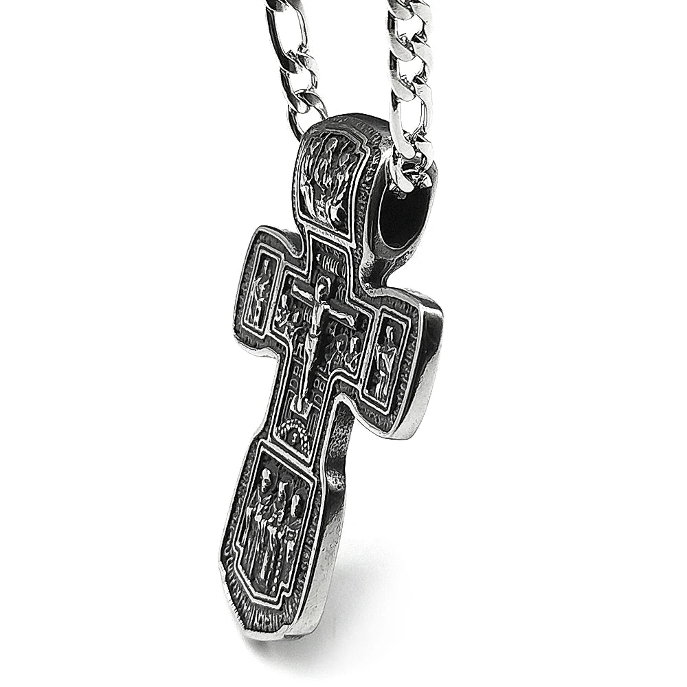 Jesus Crucifix Cross Orthodox Necklace for Women Men Stainless Steel Christian Believer Chain Necklace Vintage Charm Jewelry