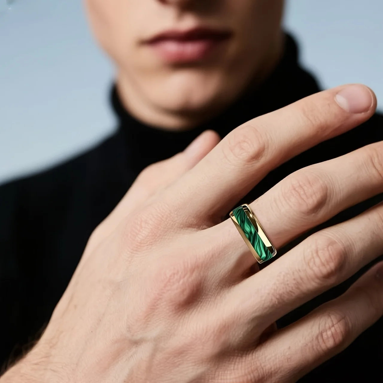 Fashion 8MM Men Domed Green Abalone Shell Inlay Stainless Steel Rings Gold Color Steel Rings For Wedding Engagement Jewelry Gift