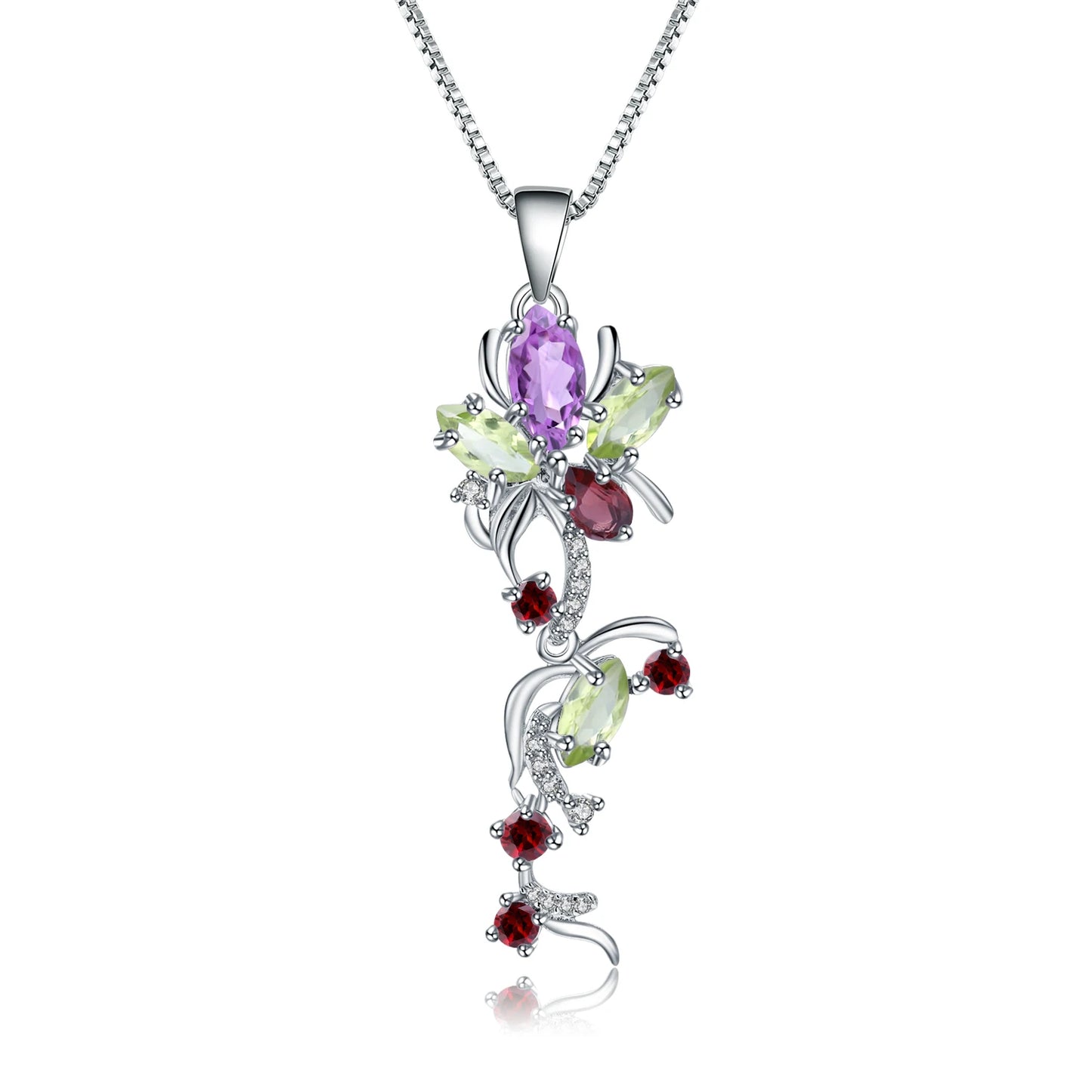 GEM'S BALLET Multicolor Natural Peridot Amethyst Garnet Flower Pendant 925 Sterling Silver Necklace Fine Jewelry for Women Garnet