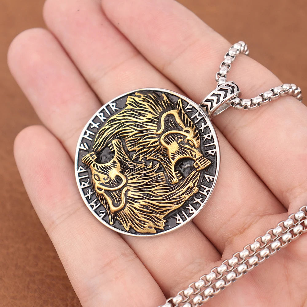 Wolf & Lion Pendant Necklace with Norse Runes Vintage Style Viking Tribal Chain for Men, Punk Biker Stainless Steel Jewelry Gift