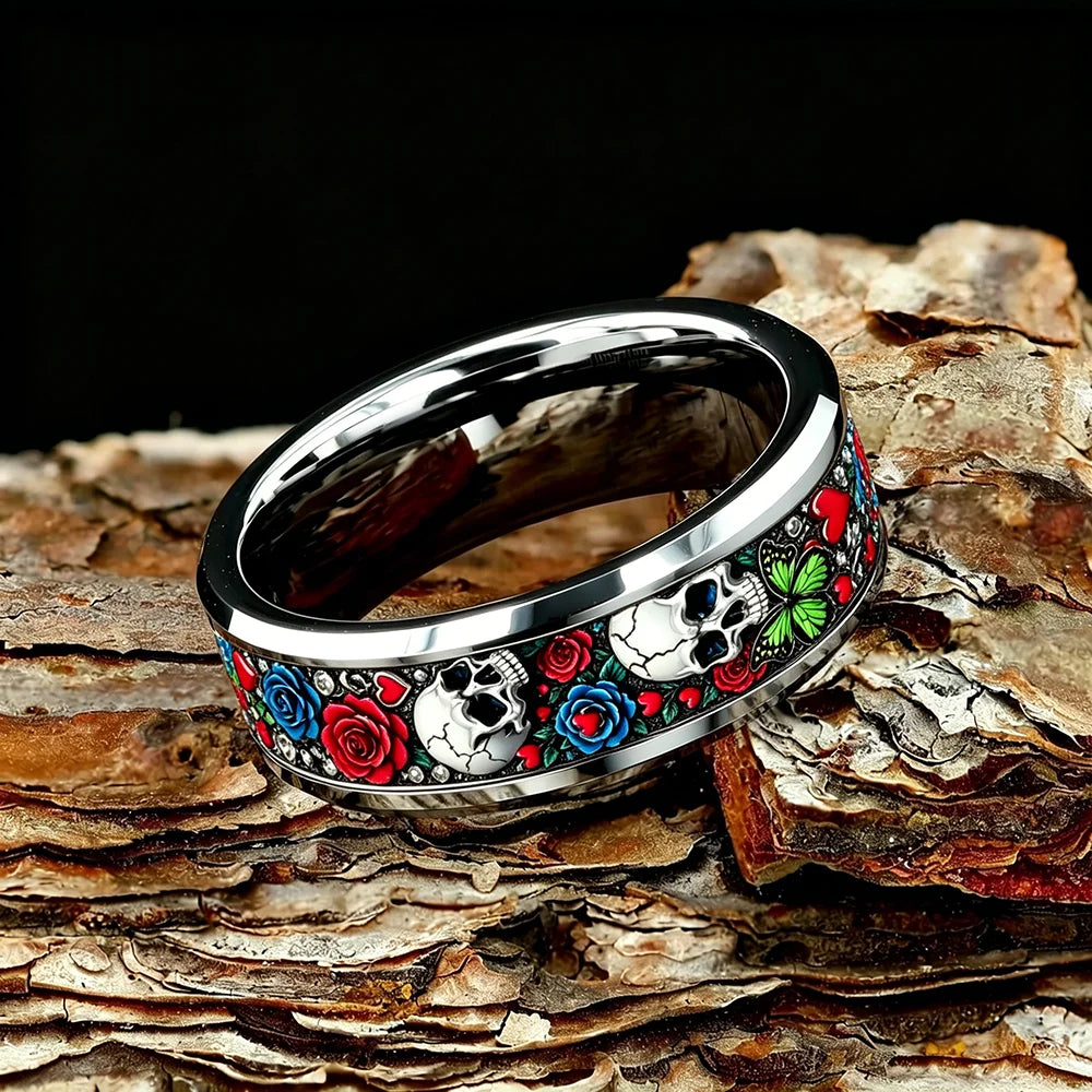 Cyberpunk Cool Red Rose Flower and Skull Ring Gothic Punk Men Stainless Steel Rings No Fade Rock Biker Jewelry Halloween Gift