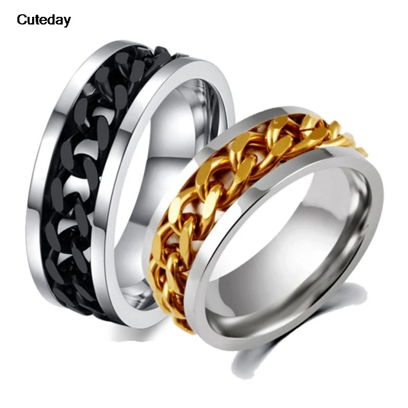 Stainless Steel Chain Rotating Anxiety Black Rings For Men Fidget Metal Spinner Knuckle Ring Anillos De Hombre