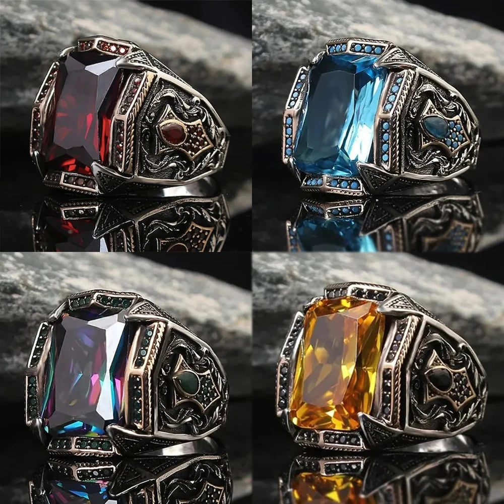 Retro Turkish Handmade Men Rings Vintage Carved Pattern Red/Blue/Rainbow Zircon Rings Rock Punk Islamic Muslim Wedding Jewelry