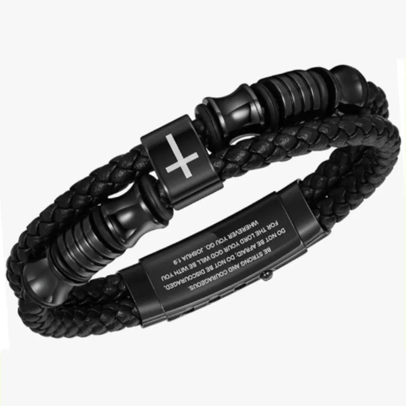 Christian Black Leather Bracelet for Men Double-Row Braided Leather Faith Cross Bracelets Jewelry Religious Baptism Easter Gifts