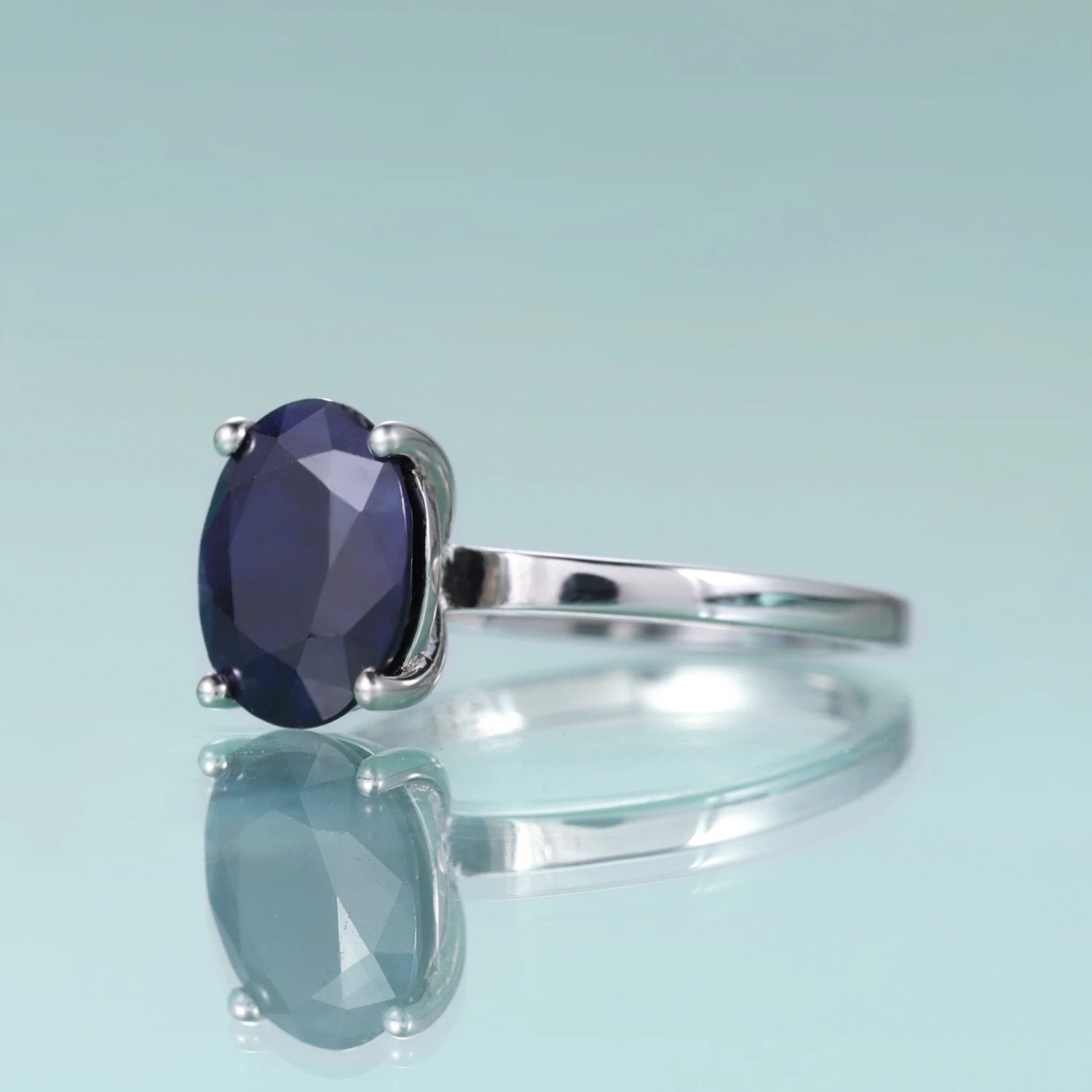 GEM'S BALLET 925 Sterling Silver Sapphire Ring Oval Blue Sapphire Solitaire Engagement Wedding Ring September Birthstone Jewelry