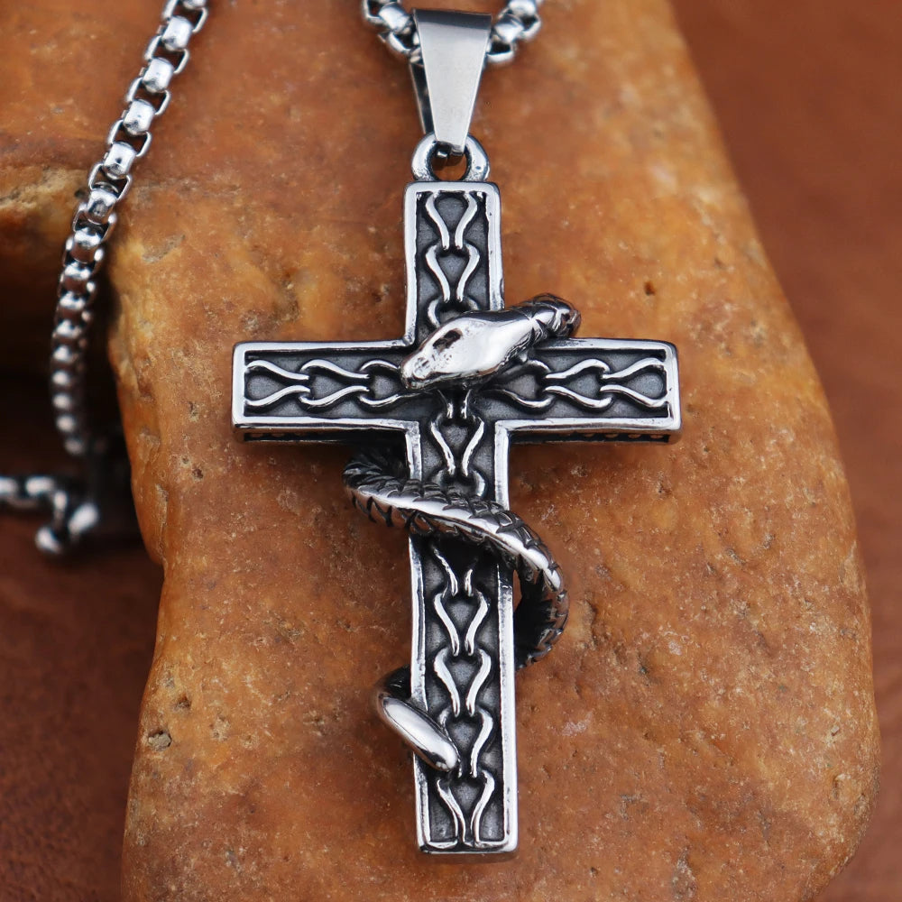 Gothic Religious Creative Snake Cross Neckalce for Men Gift Stainless Steel Vintage Punk Snake Pendant Halloween Amulet Jewelry