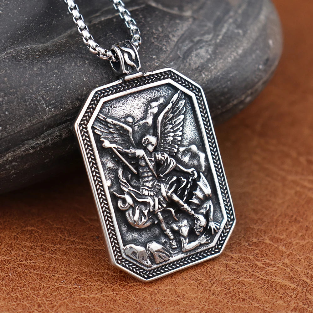 Vintage Angel St.Michael Men Pendant Stainless Steel Unique Angel Wings Shield Necklace Amulet Fashion Male Jewelry Dropshipping